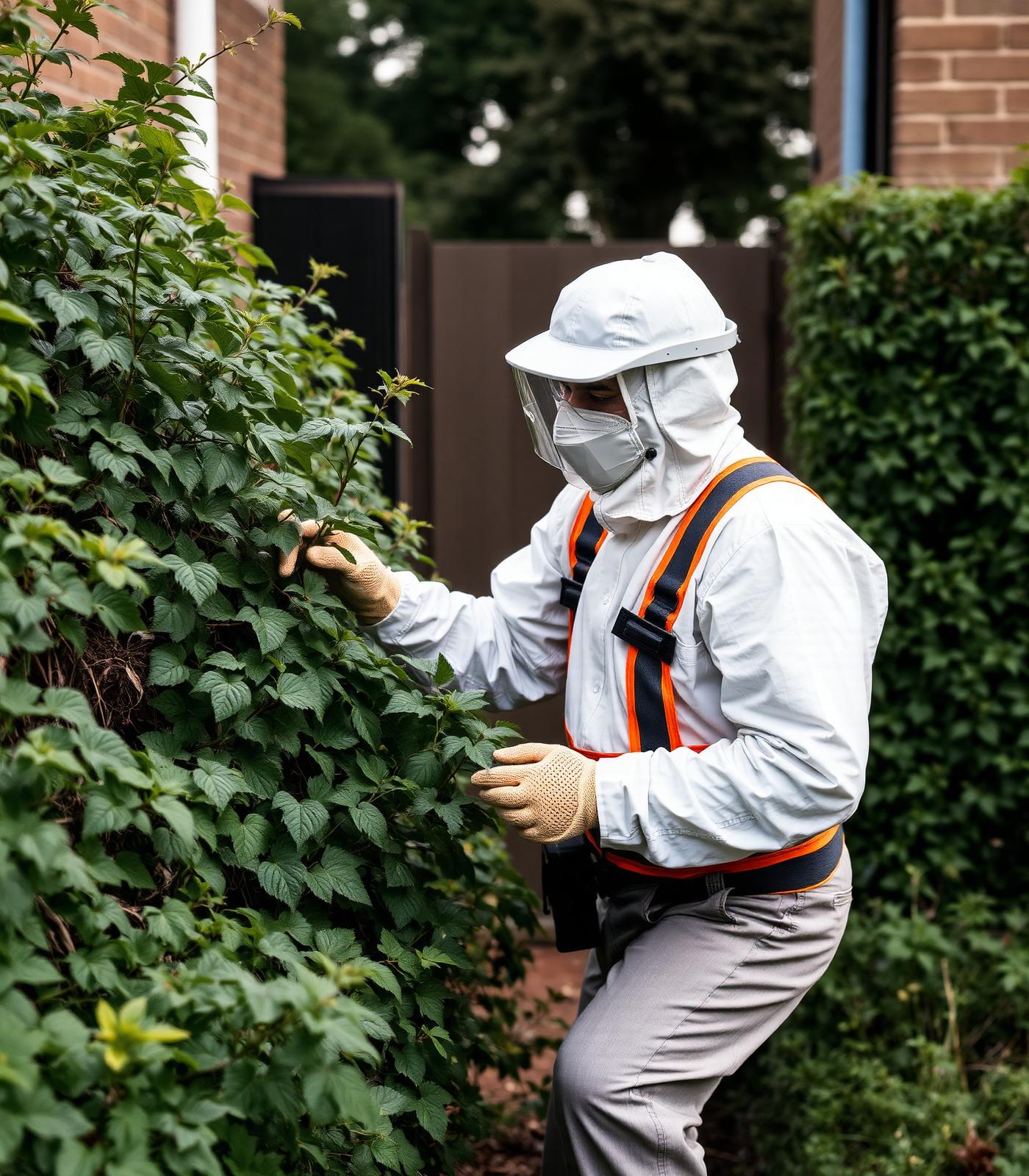 A specialist inspecting overgrown knotweed